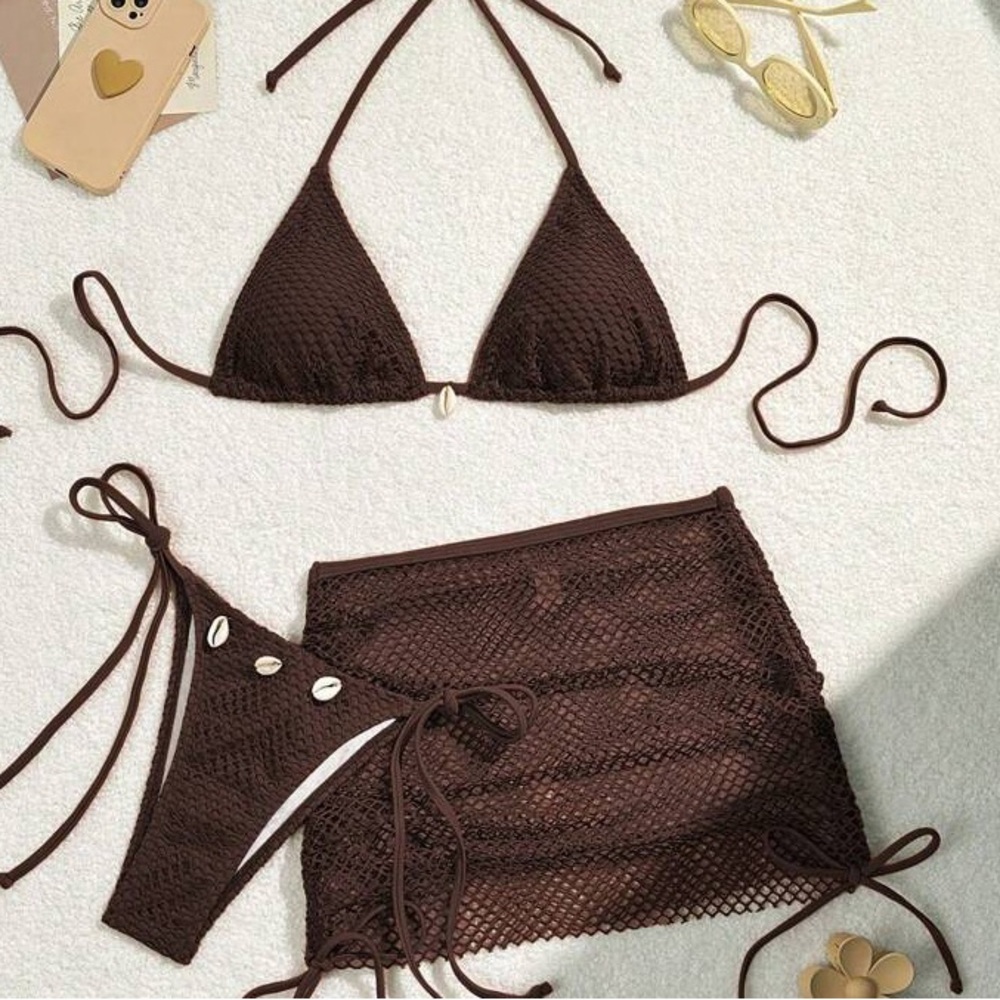 SHEIN Swim Black Halter Bra & Swim Bottom Sexy Bikini Set With Cover Up Skirt